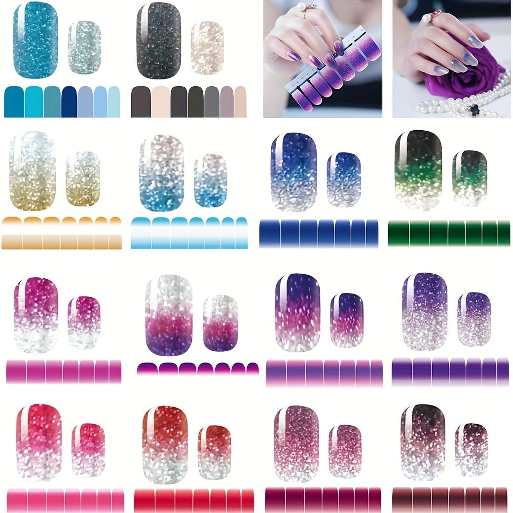 14 Sheets Gradient Glitter Nail Stickers Set Full Wraps Polish Stickers Decal St