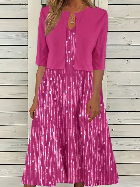 Plus Dot & Stripe Print V Neck Cami Dress & Cardigan Outfit Set