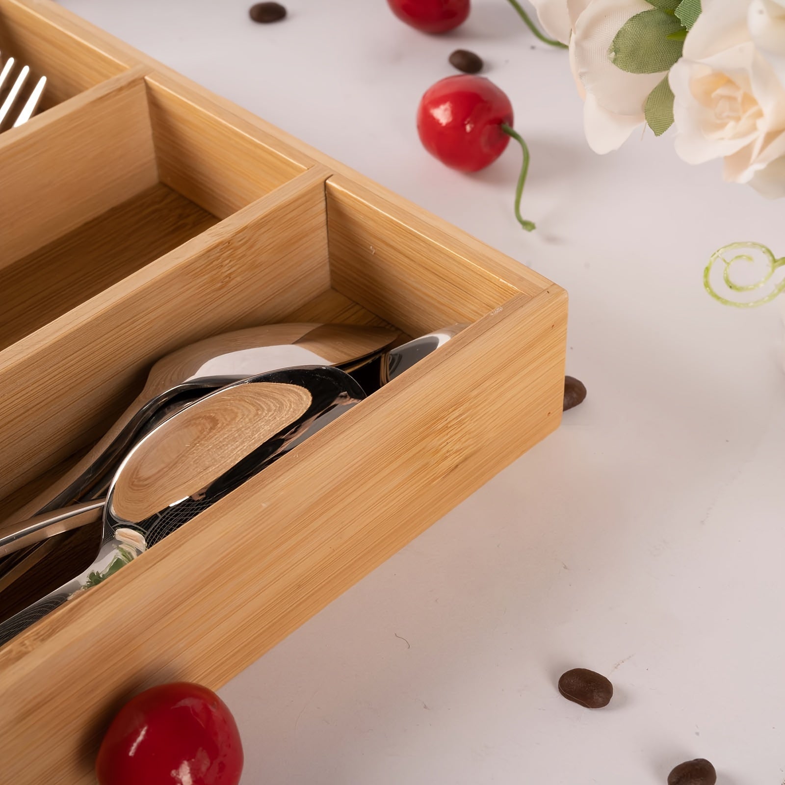 Bamboo Silverware Storage Tray 3 Grids Drawer Organizer