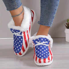 Women's Plush Lined Snow Boots Star Print & Striped Low Top Canvas Shoes