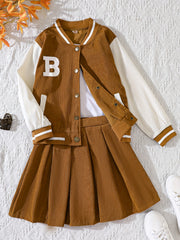 Girls Baseball Jacket & Pleated Skirt Set Letter B Print Corduroy Kid