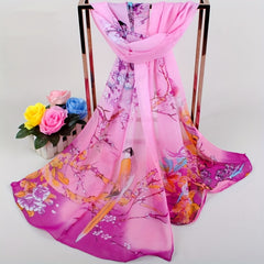 Auspicious Bird Blossom Print Scarf Gradient Chiffon Sunscreen Wrap