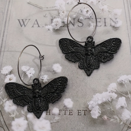Vintage Goth Moth Skull Dangle Earrings Retro Style