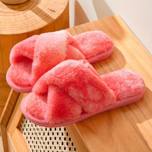 Women's Plush Cross Strap Slippers - Cozy Indoor Shoes