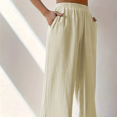  Solid Elastic High Rise Wide Leg Pants With Pockets