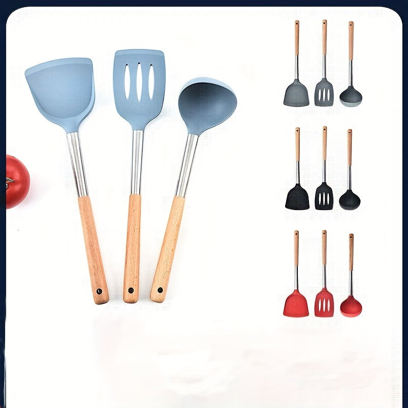 3pcs Silicone Kitchen Utensils Set Wooden Handle Heat Resistant Cooking Utensils