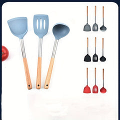 3pcs Silicone Kitchen Utensils Set Wooden Handle Heat Resistant Cooking Utensils