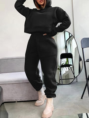  Solid Long Sleeve Crop Hoodie & Joggers Outfit Set