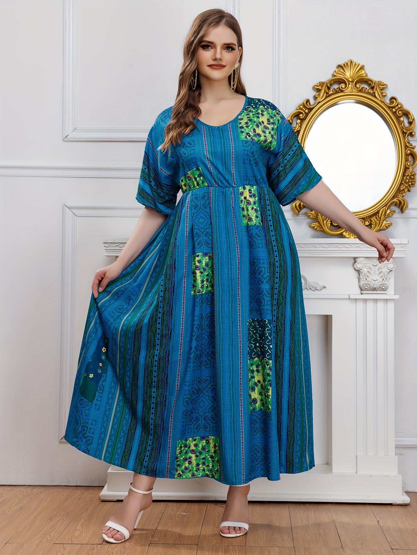  Ethnic Print Batwing Sleeve Maxi Dress