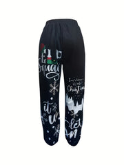 Women's Plus Christmas Jogger Pants - Hat & Snowflake Print