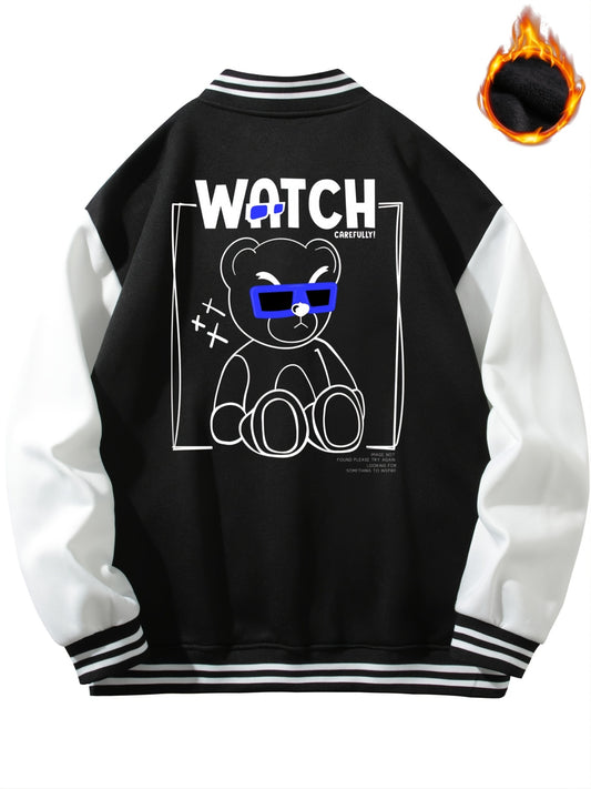 Men's 'BEAR' Print Lightweight Fleece Baseball Jacket