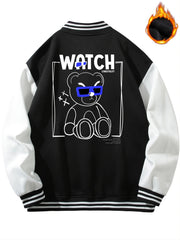 Men's 'BEAR' Print Lightweight Fleece Baseball Jacket