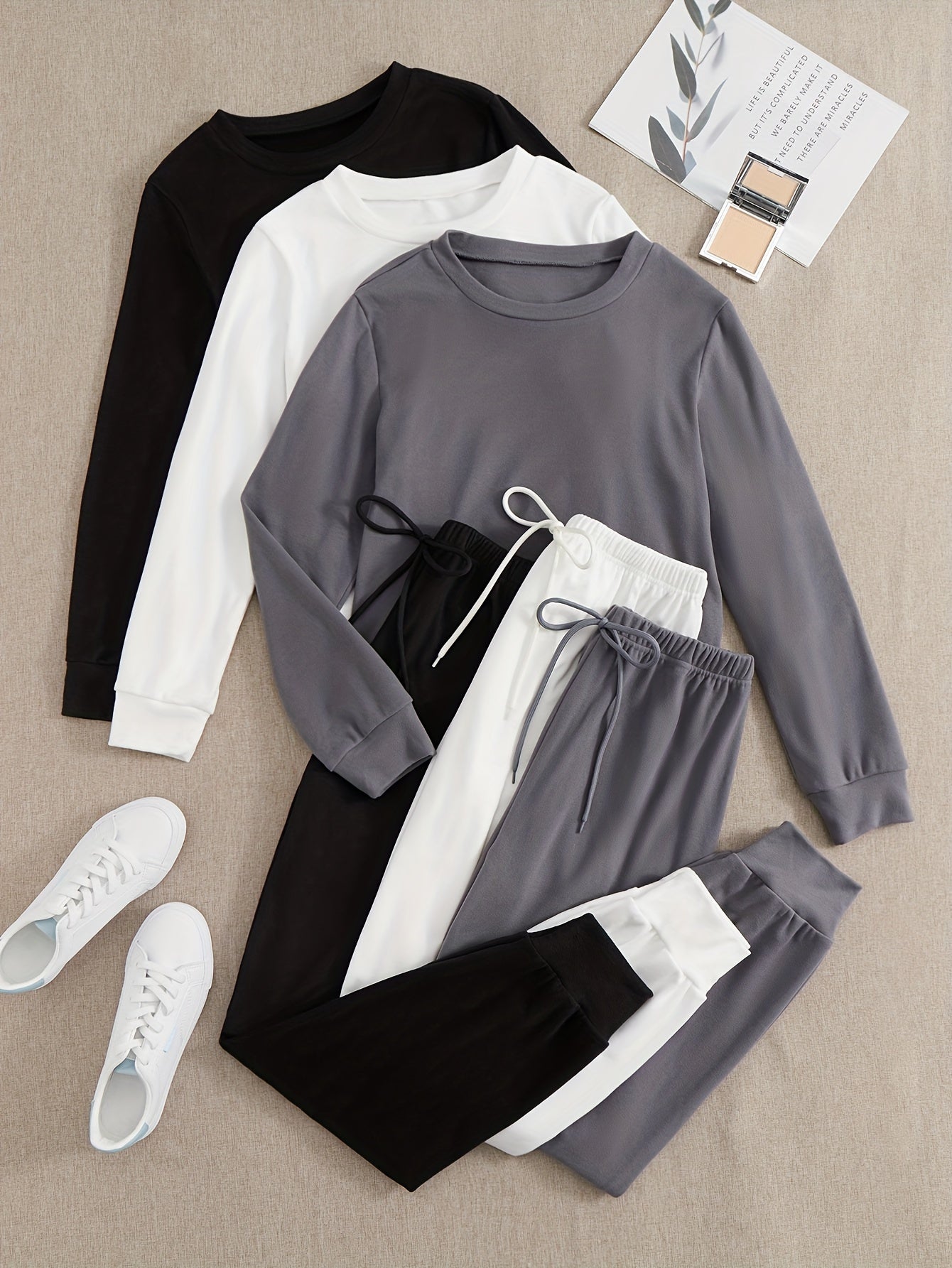 3-Piece Lounge Set Crew Neck Top & Lace Up Pants