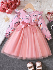 Toddler Girls Flowers Graphic Mesh Princess Dress with Belt