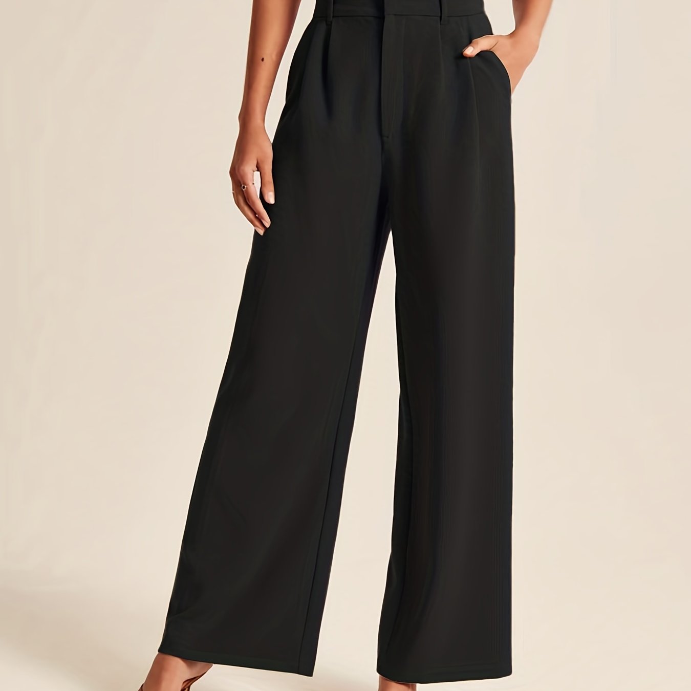  Solid High Rise Wide Leg Trousers With Pockets