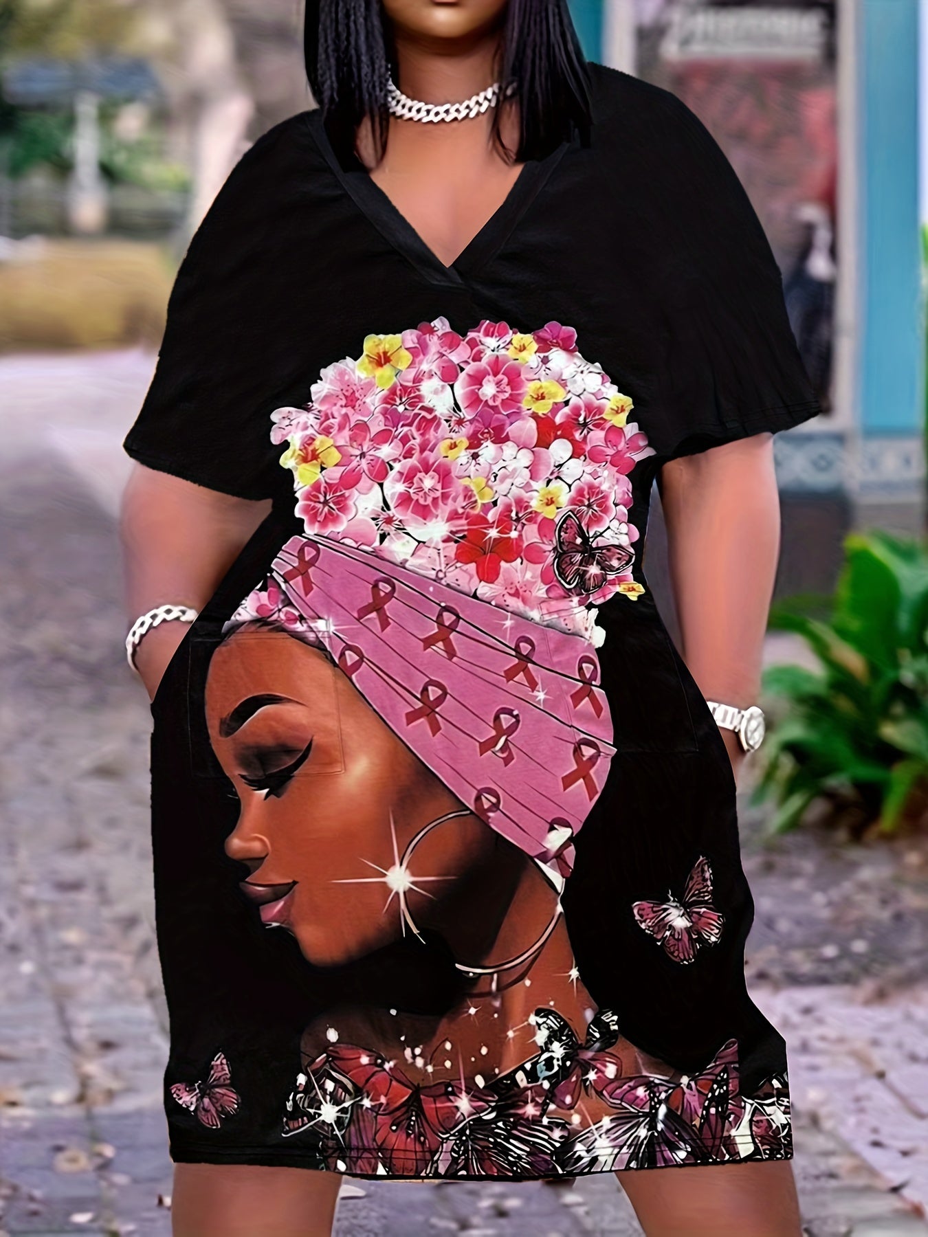  Figure Print Ruched V Neck Dress With Pockets