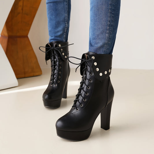Studded High Heel Lace-Up Platform Boots