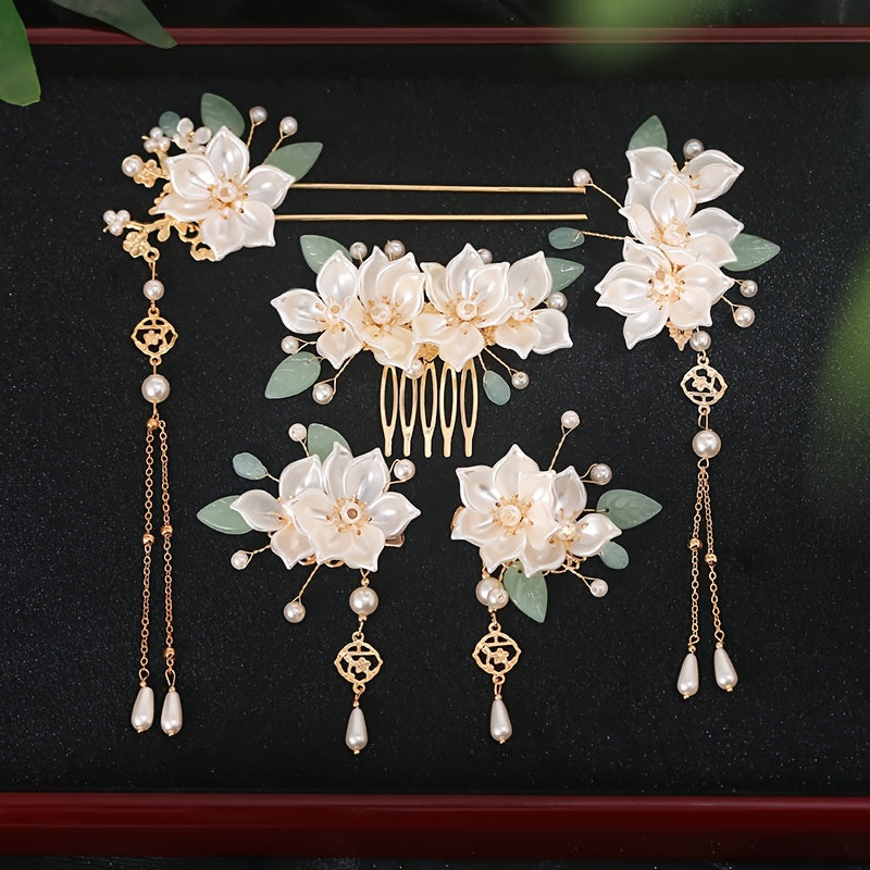 5pcs Chinese Hairpin Bridal Set Floral Tassel Hanfu Hair Accessory