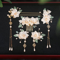 5pcs Chinese Hairpin Bridal Set Floral Tassel Hanfu Hair Accessory
