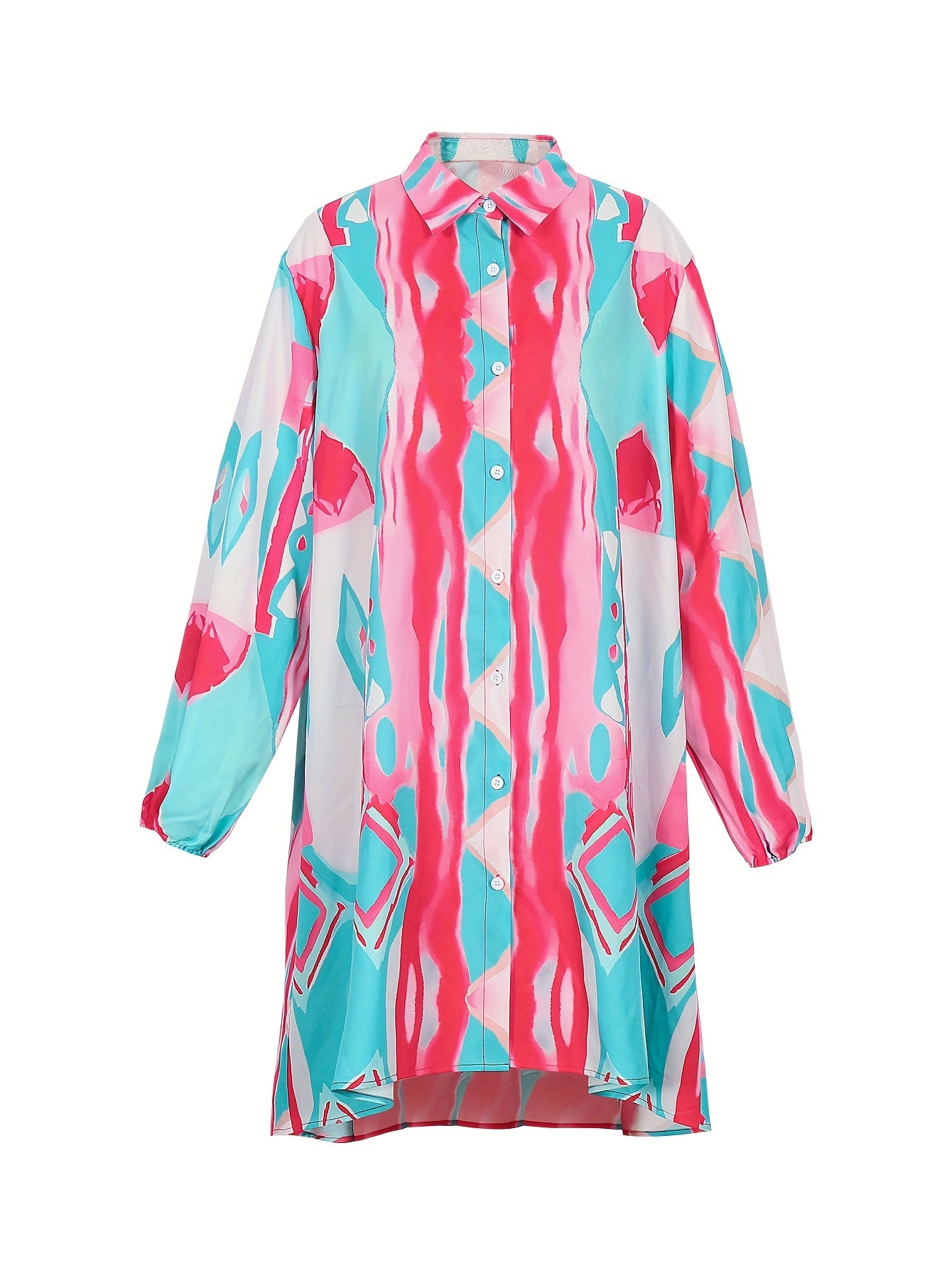  Casual Dress Women's Plus Allover Print Lantern Sleeve Button Up