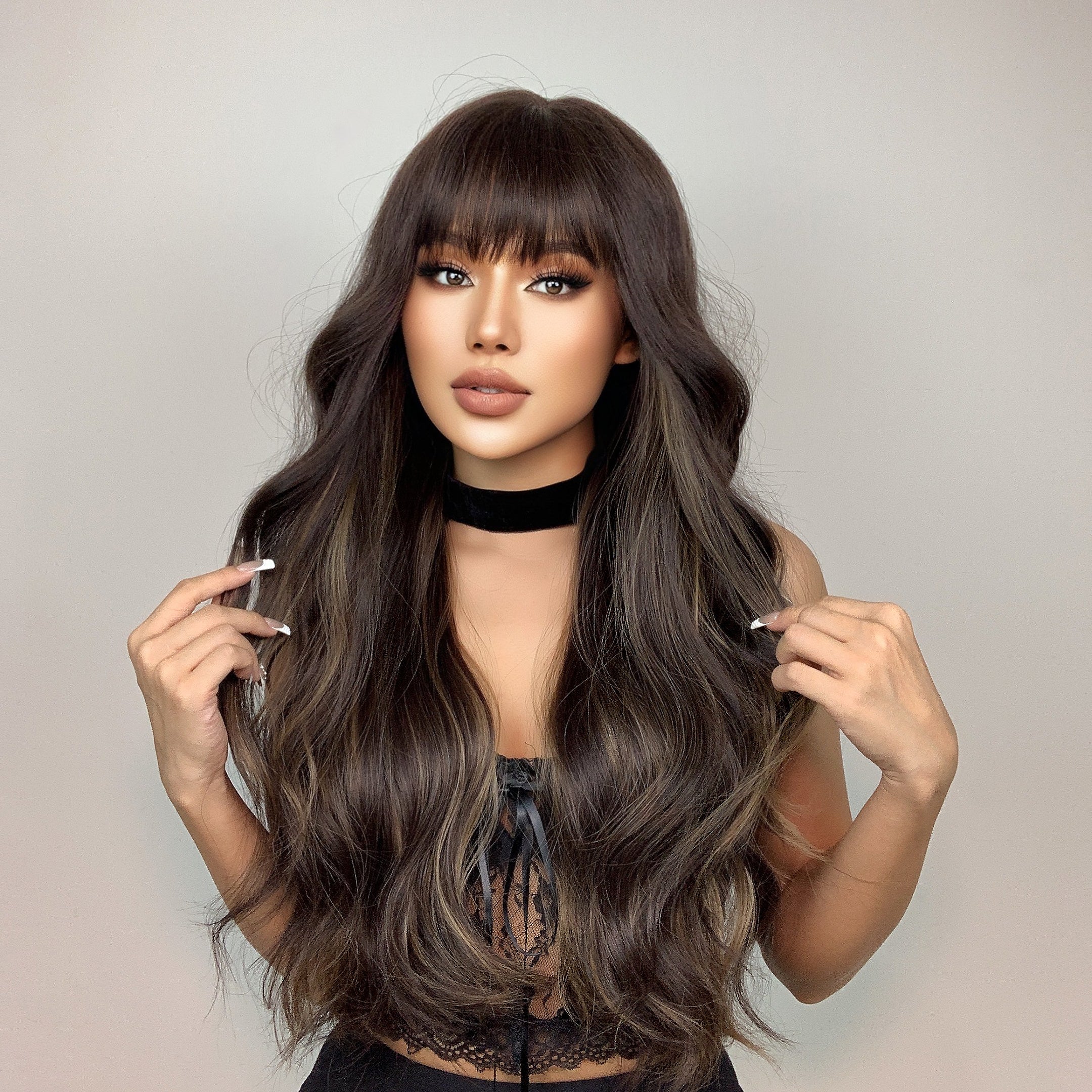 28 Inch Long Brown Gradient Curly Hair With Bangs Synthetic Wig