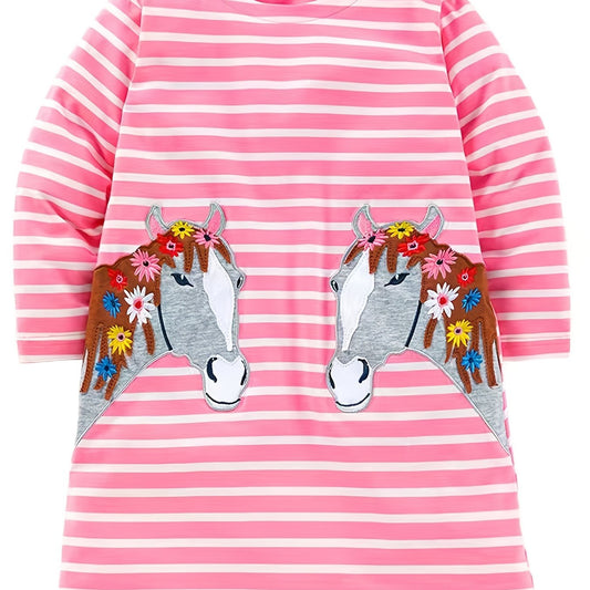 Girls Striped Long Sleeve Dress with Horse Embroidery
