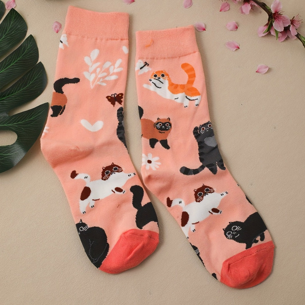 Cartoon Cat Print Socks Women's Mid Tube Stockings