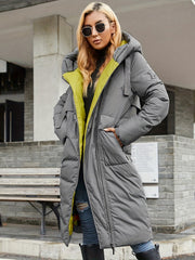 Solid Parka Zip Up Hooded Outerwear Women's Clothing