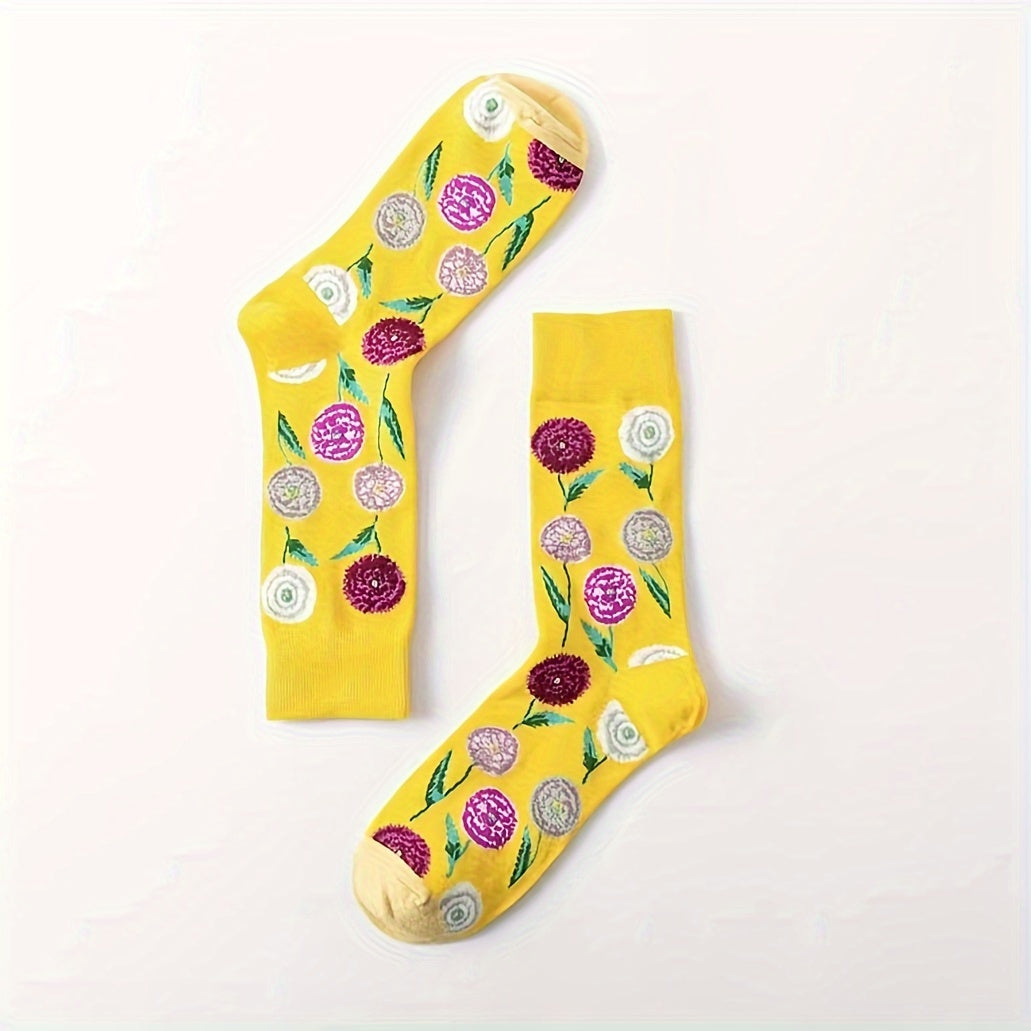 5 Pairs Floral Print Socks Breathable Women's Mid Tube Stockings