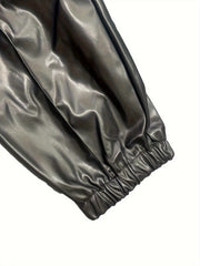  Solid Faux Leather Drawstring Trousers With Pockets