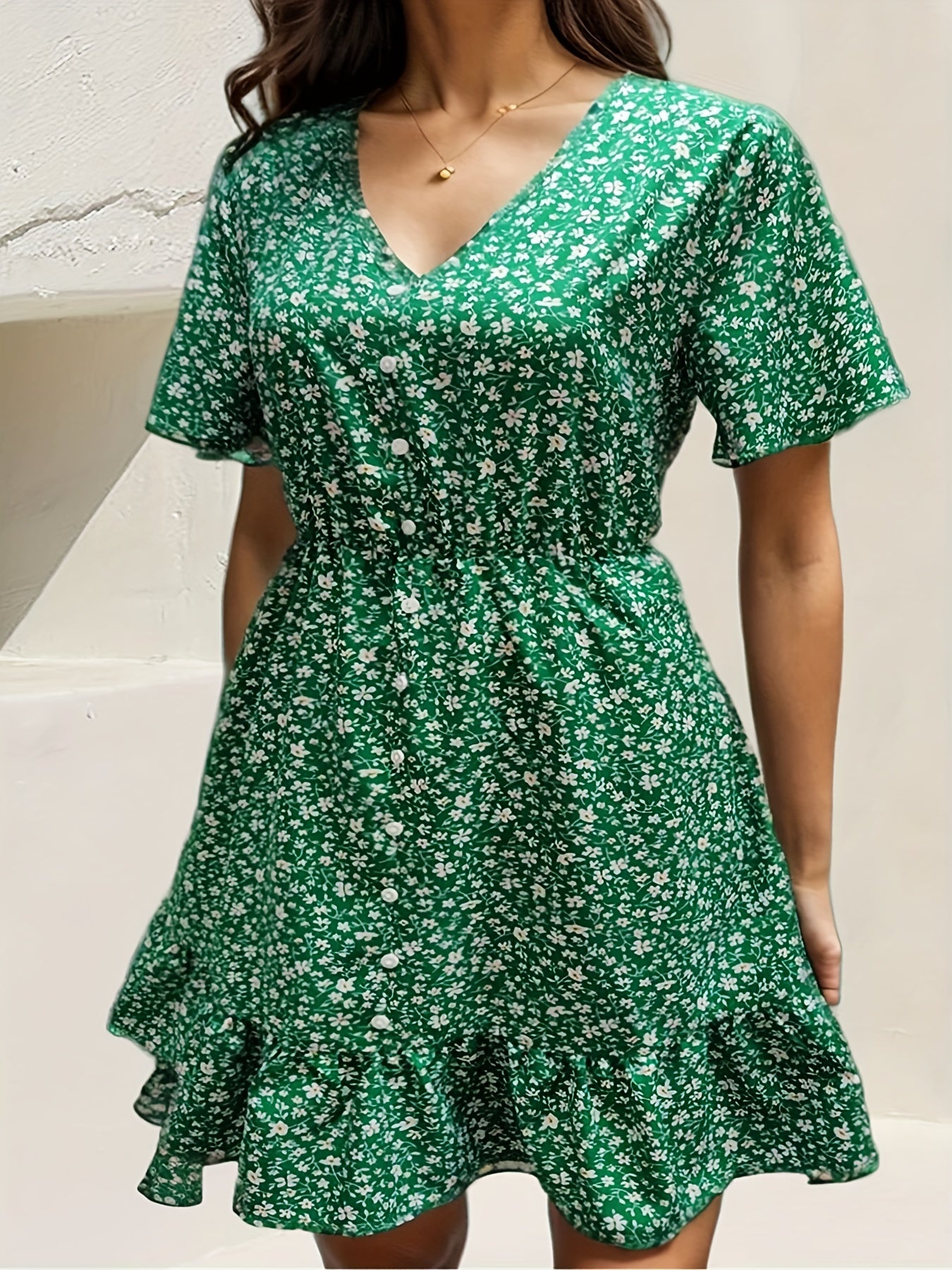  Ditsy Print Button Decor V Neck Mini Dress