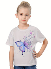 3D Butterfly Graphic Crew Neck Short Sleeve T shirt Girls Casual Pullover Tops