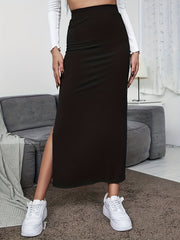  Solid Ribbed High Rise Side Split Maxi Midi Skirt