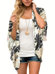 Floral Print V Neck Half Sleeve Cover Up Kimono Beach Cover Up