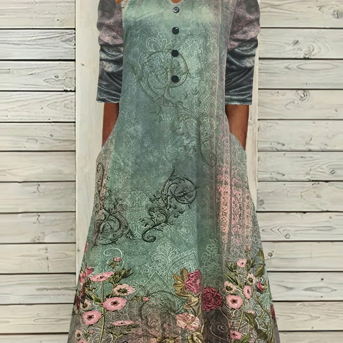  Floral Print Long Sleeve Casual Dress with Pockets