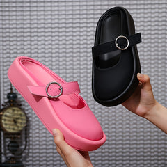 Women's Summer Sandals Closed Toe Slip On Beach Slippers Round Buckle