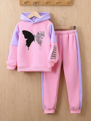 Girls Butterfly Print Fleece Hooded Sweatshirt And Trousers Set