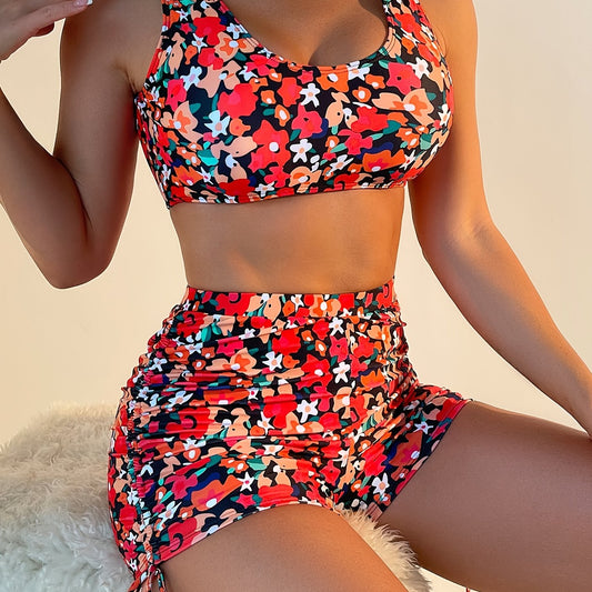 Red Ditsy Floral Print Boxer Short Tankini Set - Women's Swimwear