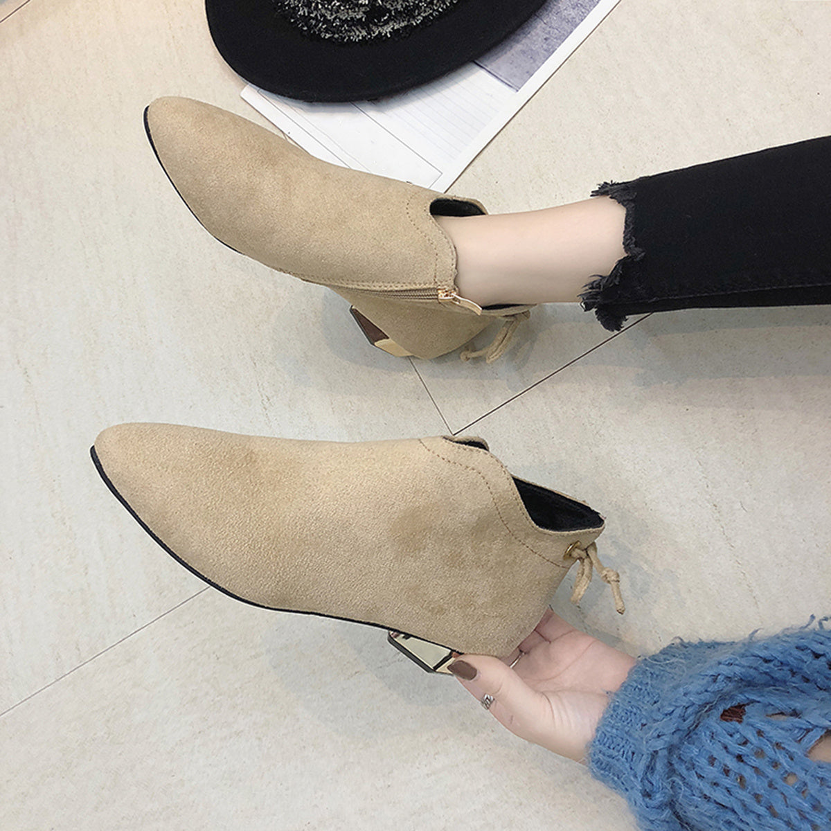 Women's Chunky Heeled Suede Ankle Boots Solid Short Boots