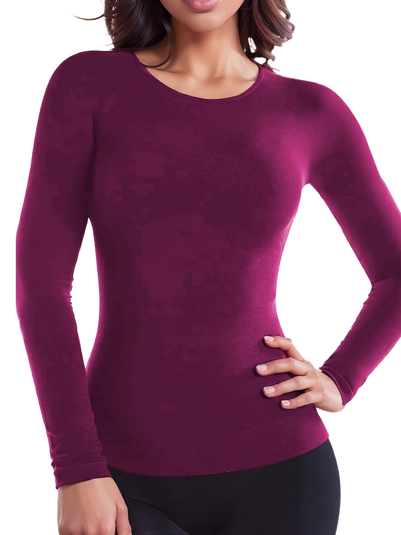 Solid Thermal Long Sleeves Blouse Warm Crew Neck Top Women's Clothing
