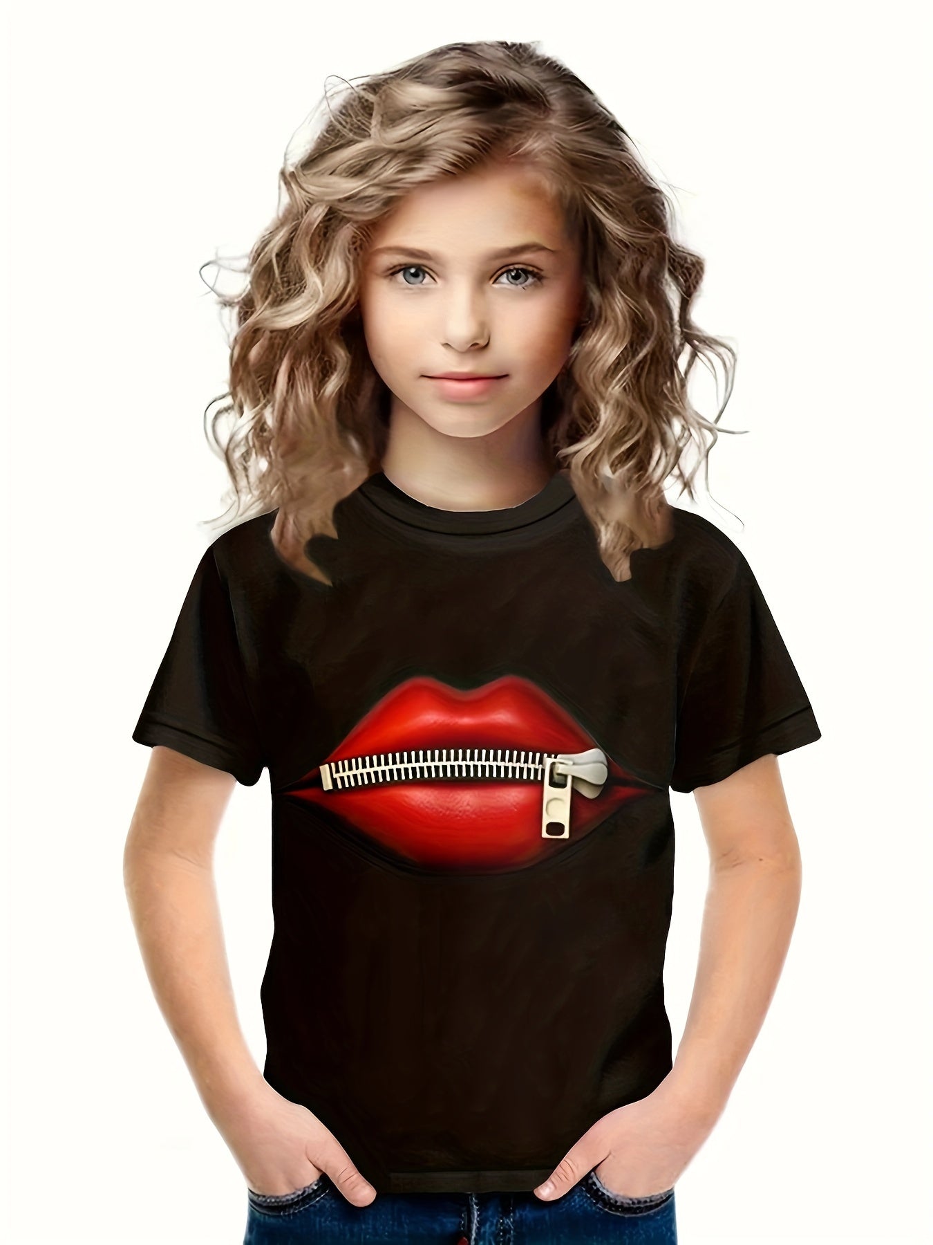 3D Lips Print Short Sleeve T shirt for Girls and Boys