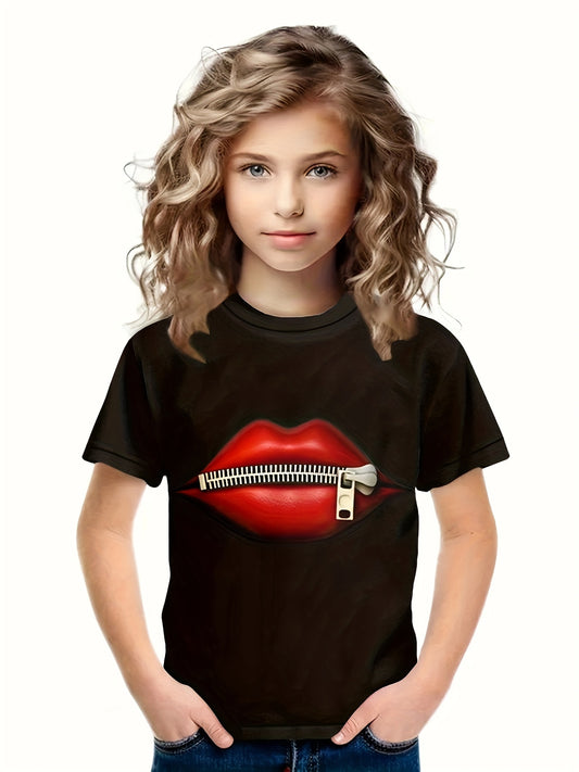 3D Lips Print Short Sleeve T shirt for Girls and Boys