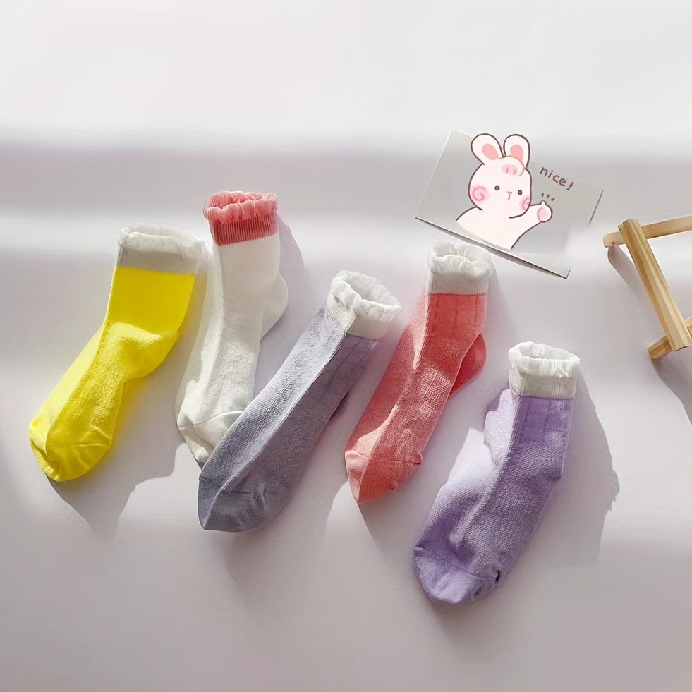 5 Pairs Girls Colorful Breathable Cotton Ankle Socks for Summer and Spring