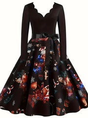  Colorblock Print V Neck Floral Trim Dress