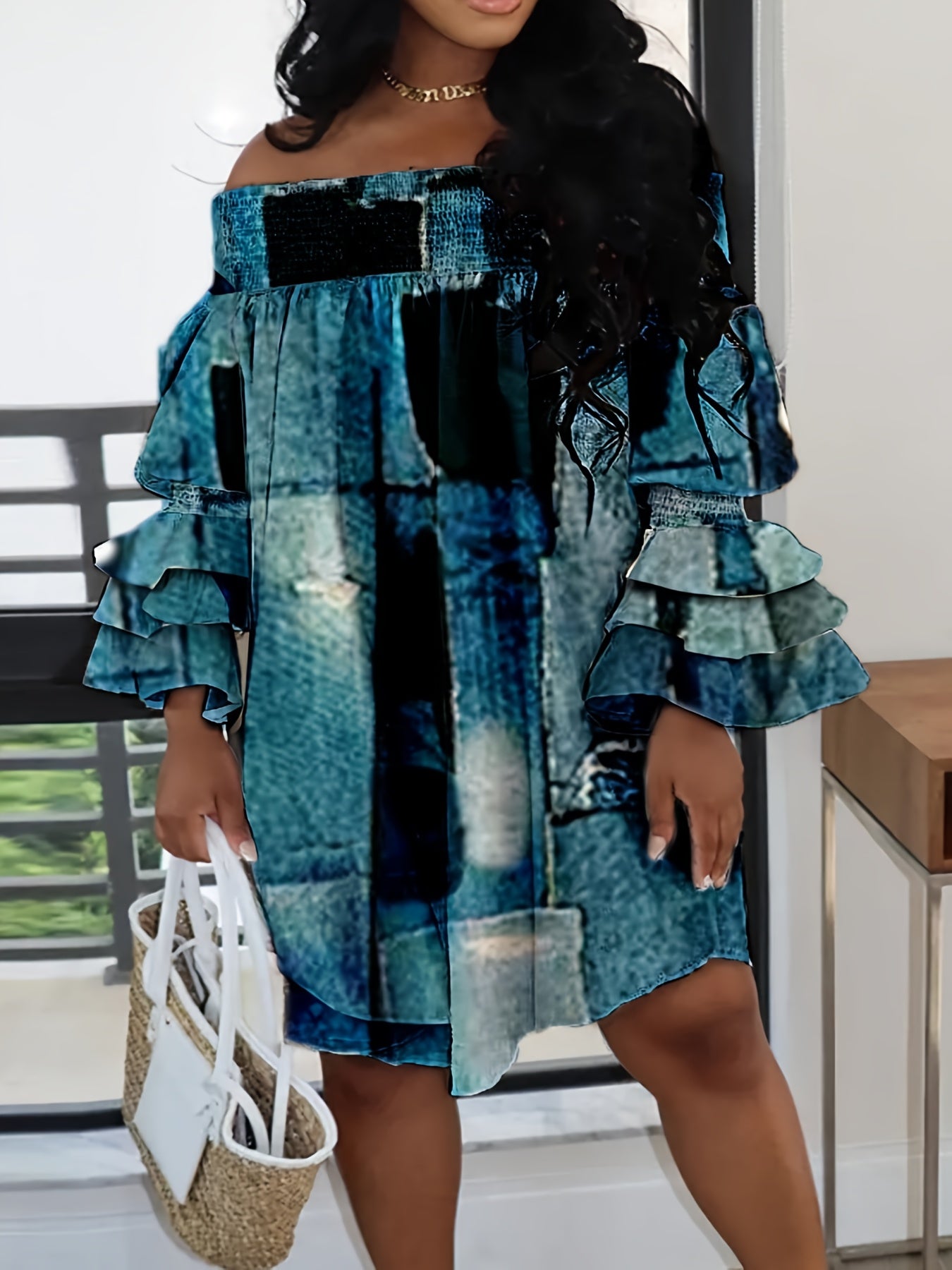  Geometric Print Off Shoulder Dress