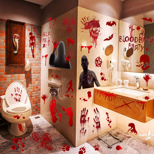 Halloween Blood Print Electrostatic Stickers - Horror Skull Toilet Window Decals