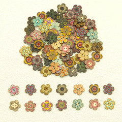 50pcs Retro Painted Flower 2 Holes Wooden Buttons DIY Sewing Decor