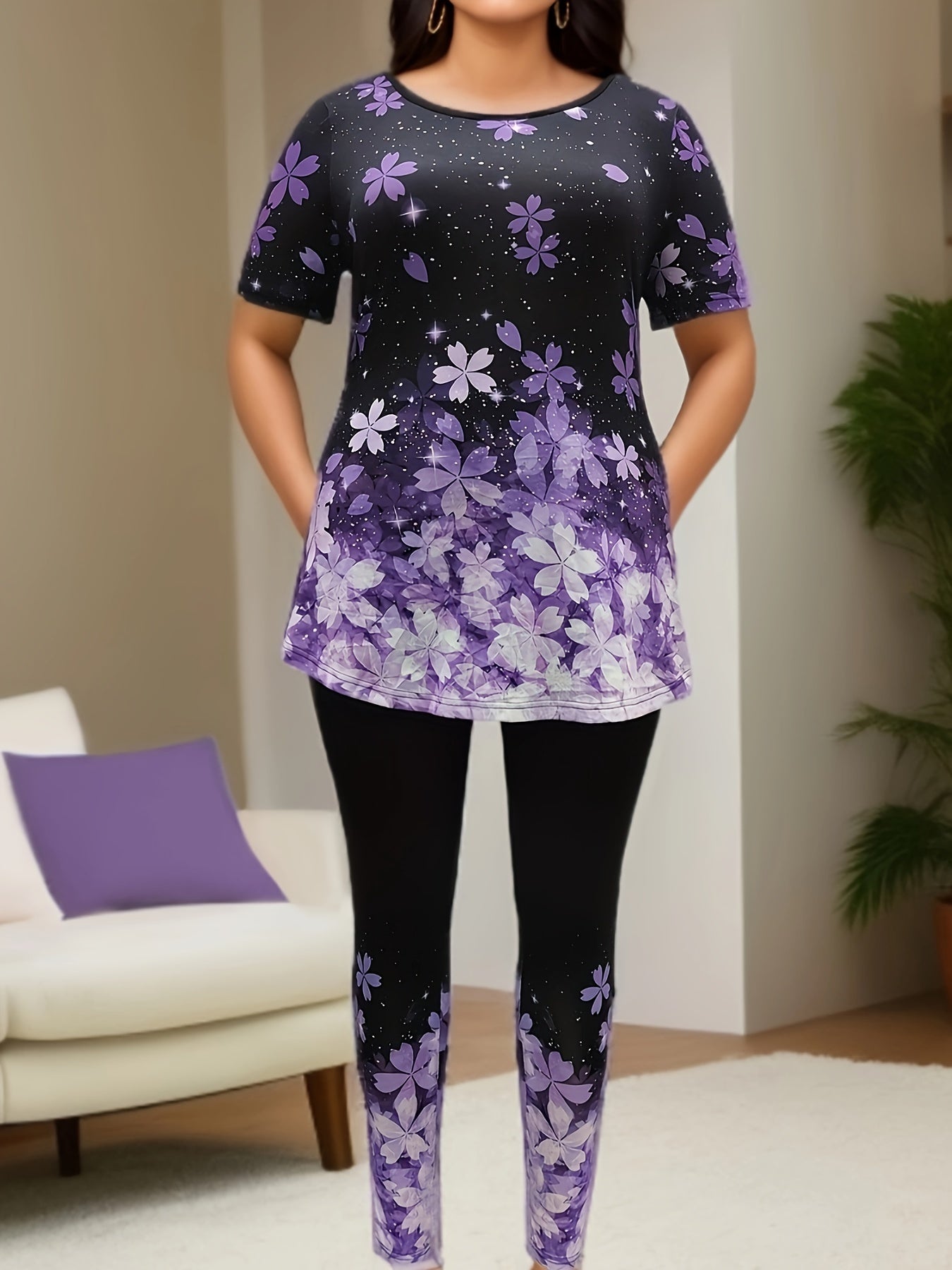Floral Pattern Plus Size Loungewear Set Top & Leggings Pajamas