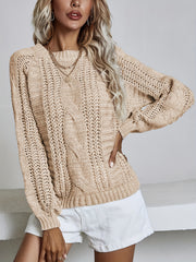  Solid Cable Long Sleeve Round Neck Jumper