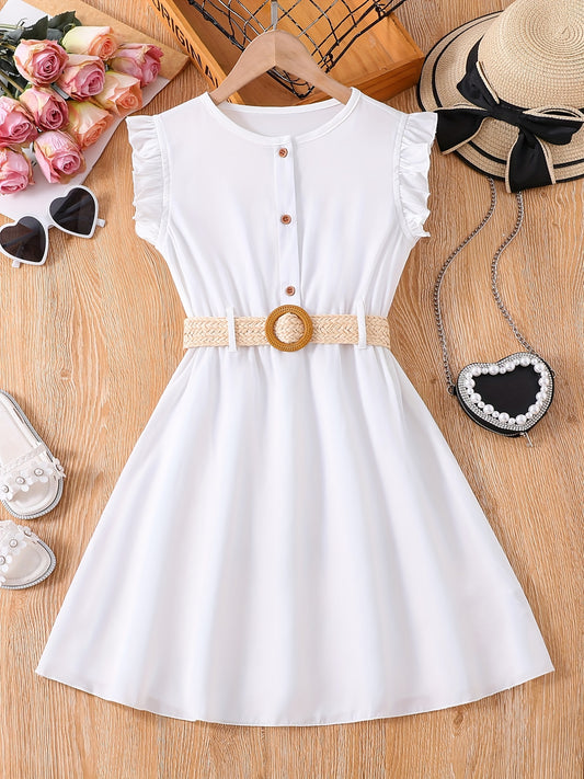 Girls' Casual Dress Thin Frilled Sleeveless A Line Dress With Belt